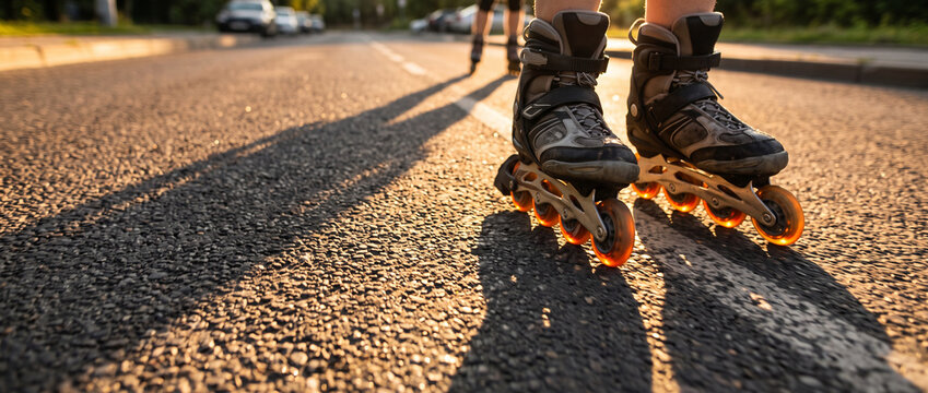 Inline skates on an asphalt road at golden hour with long dramatic shadows and glowing wheels
