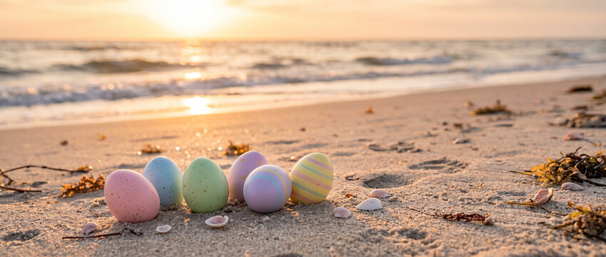  Colourful pastel Easter eggs on a sandy beach at sunset with gentle waves and shells around
