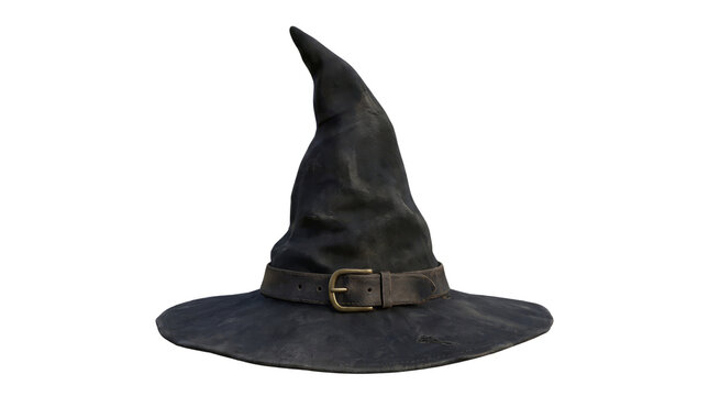 Classic black witch hat with a weathered leather buckle, isolated on white background for Halloween design