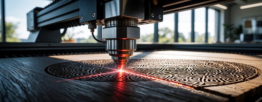 Laser engraver machine cuts intricate pattern on dark wood surface in modern workshop. Digital CNC tool creates detailed design with red light beam. High tech equipment for pro craftsmanship,