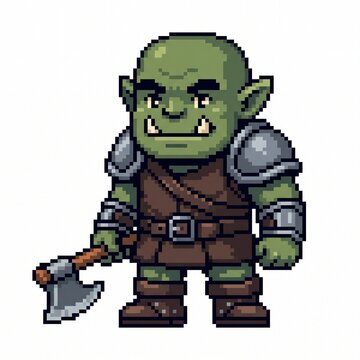 Orc Warrior Holding Battle Axe Pixel Art Character