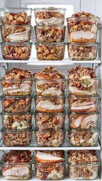 Stacked glass containers of leftover turkey and stuffing in a refrigerator