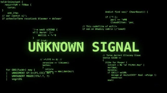 Retro Computer Terminal with Unknown Signal Glitch and Scrolling Hacker Code Animation. Cinematic digital background featuring green programming text and data stream errors.