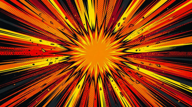 Comic explosion background featuring dynamic radial speed lines vibrant orange yellow red colors halftone dot texture cartoon style action impact effect burst graphic illustration vintage pop art desi