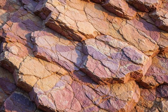 Abstract macro view of textured rock surface. Pink purple, peach colored stone shows cracked pattern with natural mineral layers. Rough geological formation with eroded granite structure creates