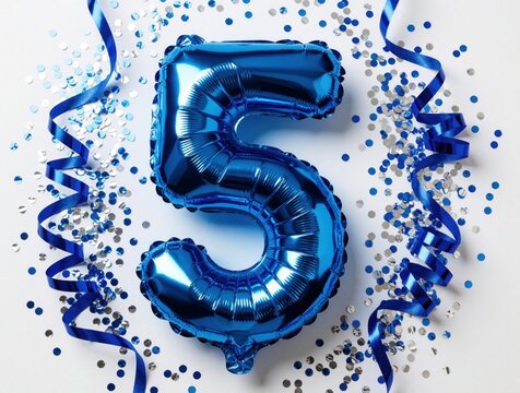 Shiny blue foil balloon in number five shape. Festive celebration background with blue, silver confetti, curling ribbons, streamers. Perfect for fifth birthday party, anniversary milestone kids event