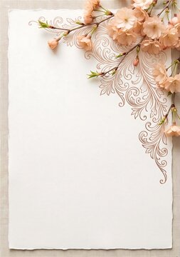 Elegant blank card bordered with floral lace and cherry blossoms on