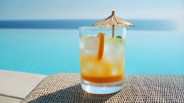 60 FPS Close up cocktail with paper parasol and orange peel on poolside lounger by sea