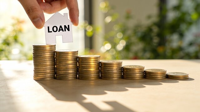 Hand holding loan sign with stacked gold coins on sunny outdoor table