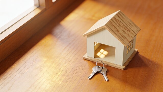 Minimalist wooden house model with keys symbolizing homeownership or real estate success