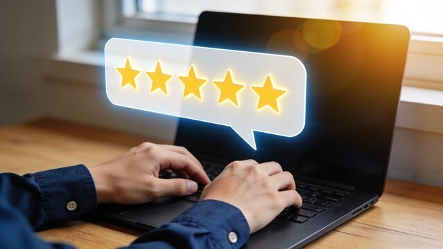 Professional leaving five-star online review on laptop with glowing rating overlay