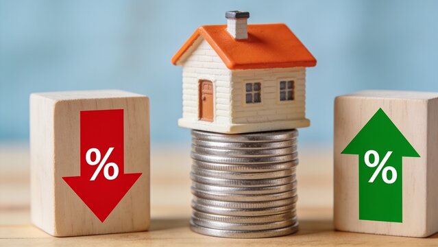 Real estate price increase and decrease concept with house model on coins