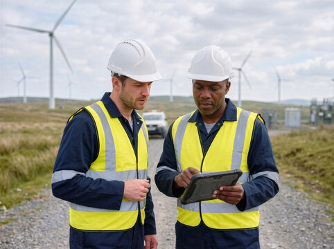 Wind farm technicians reviewing tablet for weather-related project postponement at renewable energy site.