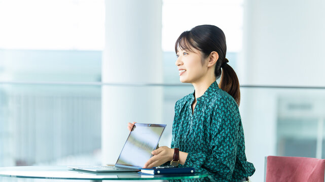 打ち合わせ・商談でパソコンの画面を見せて提案する女性