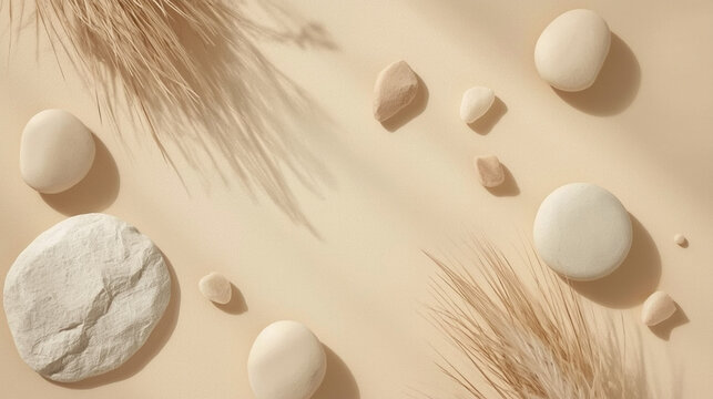 Aesthetic minimalist background in warm beige tones with pampas grass shadows and soft elegant textures