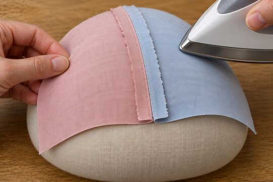 Open seam allowances resting on a curved pressing ham