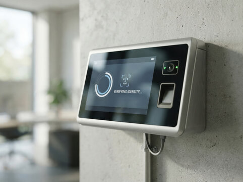 passwordless identity verification Biometric fingerprint scanner mounted on wall for secure access control.