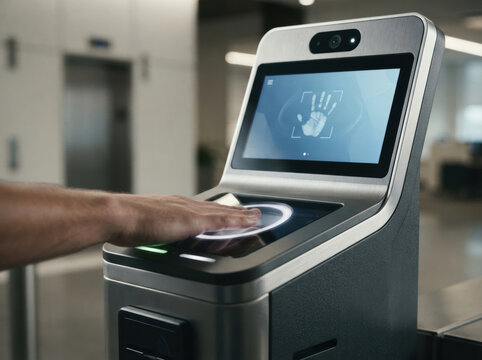 passwordless identity verification Biometric hand scanner with touchscreen for identity verification in a modern setting.