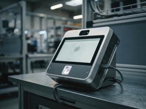 passwordless identity verification Portable biometric fingerprint scanner device on a metal table in a lab.