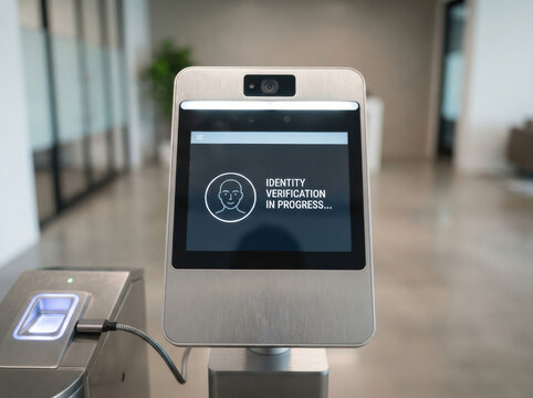 passwordless identity verification Biometric identity verification device scanning a person's face for access.