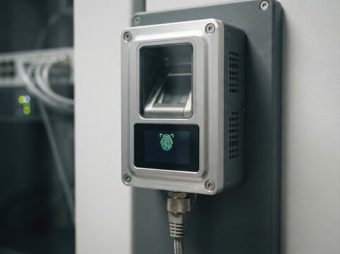 passwordless identity verification Biometric fingerprint scanner mounted on a wall for secure access control.
