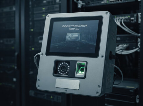 passwordless identity verification Identity verification device with fingerprint scanner and camera in server room