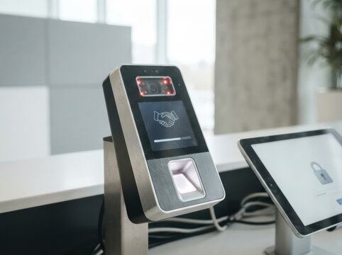 passwordless identity verification Biometric device with fingerprint scanner and facial recognition for secure access.