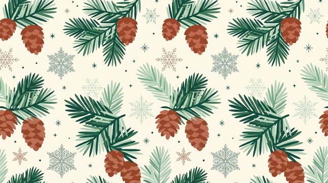 Seamless pattern featuring illustrated pine tree branches with brown cones and delicate snowflakes on a light cream background for seasonal design
