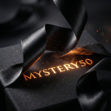 Black silk ribbon untying to reveal glowing MYSTERY50 discount code, luxury macro photography