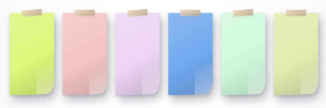 Colorful pastel sticky notes with tape attached in a row, blank paper sheets for reminders, notes, and office organization in a modern flat design vector illustration