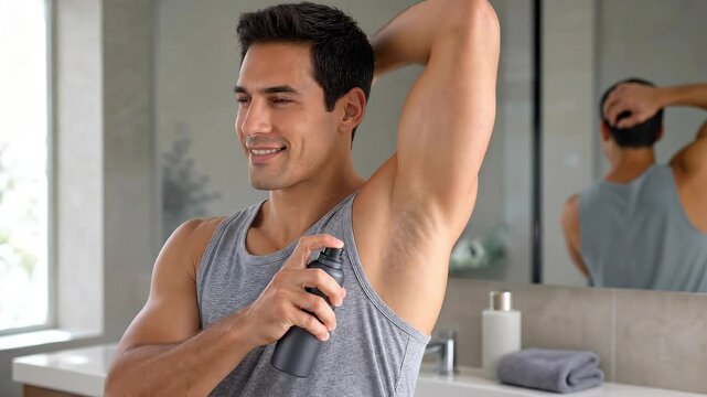 Smiling man applying spray deodorant in bright bathroom