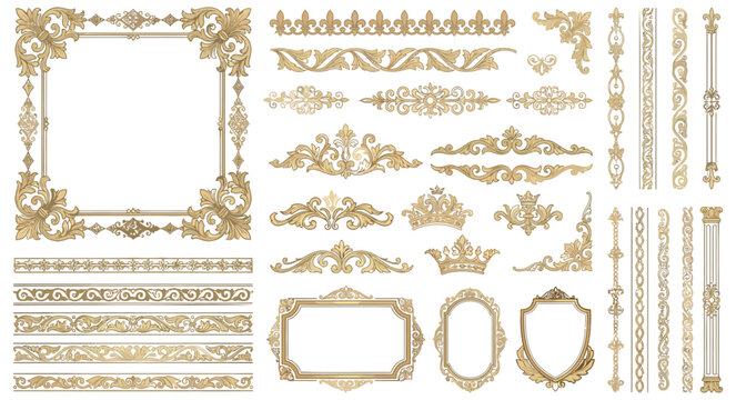 Baroque gold floral elements scrollwork flourishes frames and borders collection isolated on transparent background