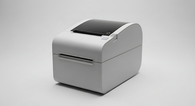 A modern compact thermal label printer sits on a plain white background studio setting