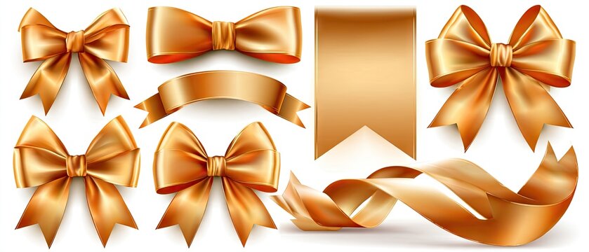 Satin gold bows and ribbons arranged on a neutral grid backplate for art and design use