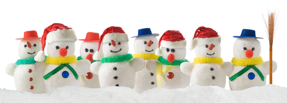 Row of snowmen wearing Santa hats and scarves isolated on transparent background, PNG file