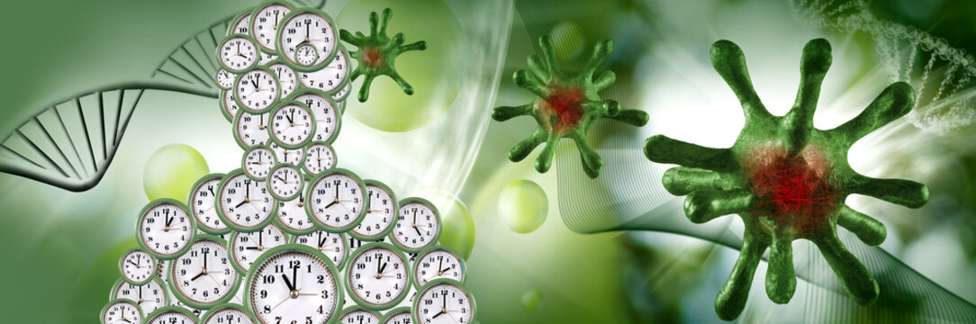 Clock faces form a human figure beside a DNA strand and virus shapes in a green science illustration