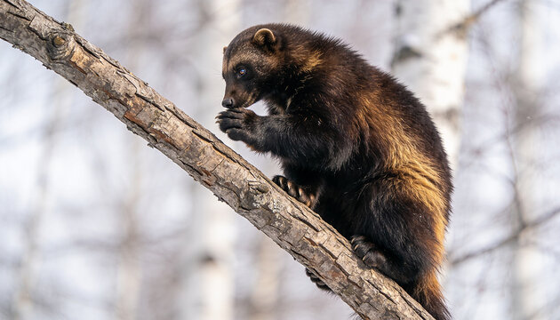 Close up portrait of a wild wolverine perched on a tree branch in a winter forest