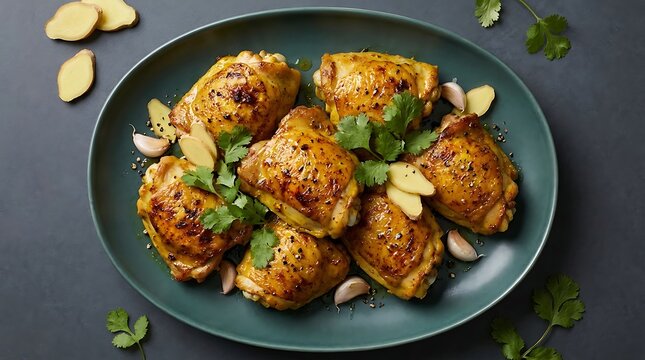 Roasted chicken thighs with fresh herbs and sliced garlic on a dark plate top view.herbal poultry recipe