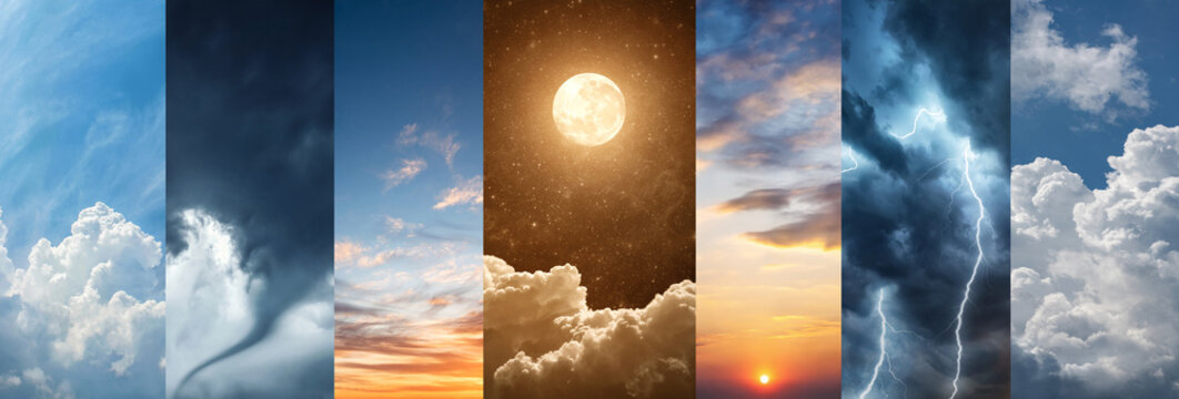 Weather forecast concept featuring a collage of contrasting atmospheric conditions, including sunset clouds, cloudy skies, dark storm clouds, lightning, towering cumulus clouds, and clear blue sky. 