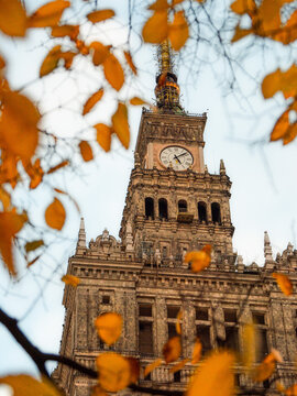 2025-10-19; Palace of Culture and Science clock tower framed by autumn leaves, Warsaw. Poland