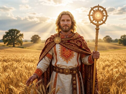 Cinematic portrait of Dazhbog the ancient Slavic god of the sun and fertility standing in a golden wheat field with glowing sunlight
