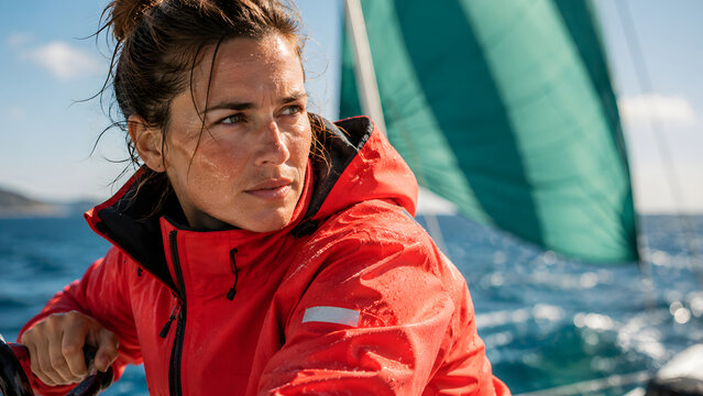 Woman sailor handles rigging beside a green sail while racing aboard a yacht during a competitive offshore regatta.