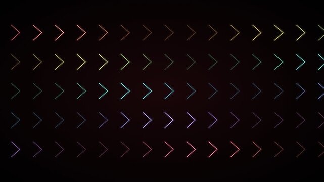 Abstract animation of glowing neon chevron arrows moving forward in rows with iridescent colors on a dark background