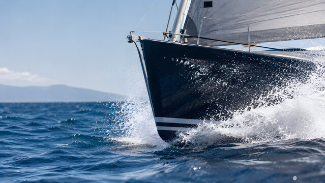 Racing yacht bow cuts through ocean waves and throws up white spray during a high-speed offshore sailing competition.