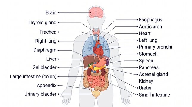 Educational anatomical chart of human internal organs with descriptive labels