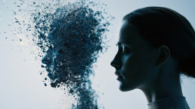 Artificial intelligence visual concept showing side portrait of woman face dissolving into digital particles data network mesh technology future human mind brain consciousness abstraction art