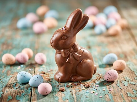 Chocolate easter bunny with colorful candy eggs on table