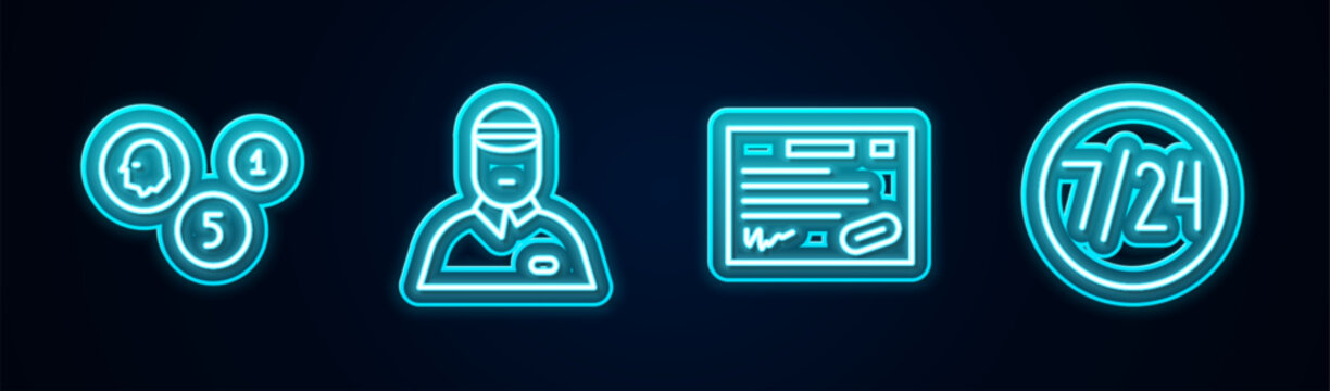 Set line Coin money, Seller, Warranty certificate template and Clock 24 hours. Glowing neon icon. Vector