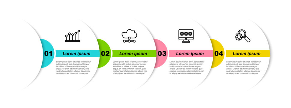 Set line Pie chart infographic, Network cloud connection, Monitor with password and Magnifying glass and gear. Business infographic template. Vector
