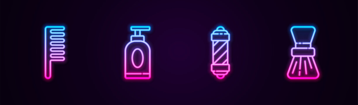 Set line Hairbrush, Cream or lotion cosmetic tube, Classic Barber shop pole and Shaving. Glowing neon icon. Vector